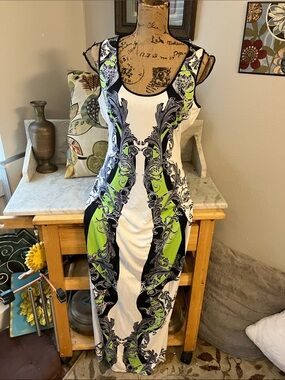 Hale Bob White, Lime & Black Printed Sleeveless Maxi Dress Gorgeous L!